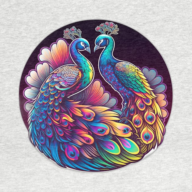 Majestic Colourful Peacocks Neon by Remix Rick